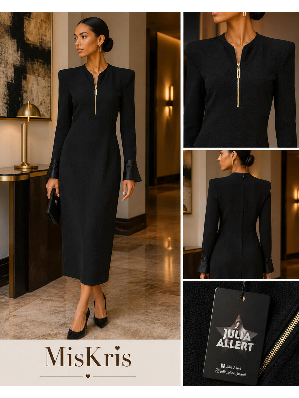 NWT Julia Allert Textured V-Neck Dress Statement Shoulders Black Size Small